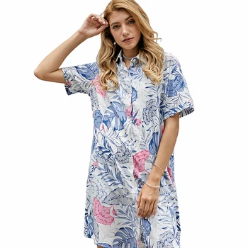 YOMING YM24 אופנה מזדמן נשים חולצה ליידי הדפסת חולצות חולצות להנמיך צווארון ארוך שרוול כפתורי שמלה