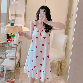 

milinsus Summer Sleeveless Sling Women nightgown sleepwear Print pink night gown dress mini female Simple Home Nightdress