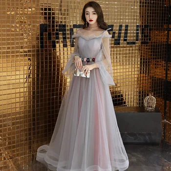 

Elegant Long Sleeve Tulle Long Prom Evening Dresses Flower Belt Formal Party Gown Spaghetti straps Pageant Dress 2019 New