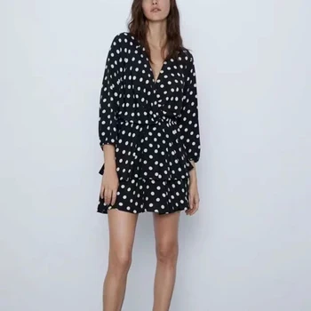 

ZA spring new women black polka dot dress V-neck chic ladies fashion vintage style female dresses