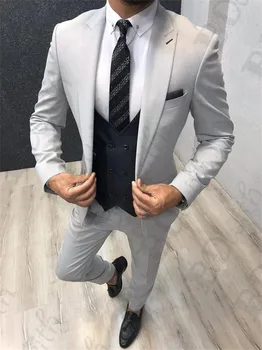 

Light Grey High quality Mens Suits Peak lapel Costumes Suits Latest Coat Pants 3 Pieces Designs Slim Fit Tuxedos Men Clothing