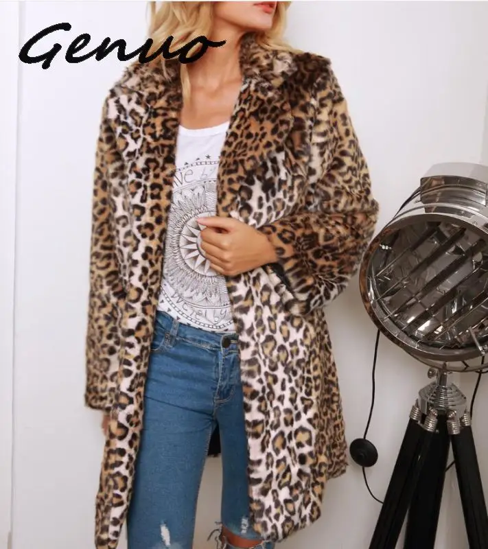 ##BUY 2019 Leopard Print Fur Coat Women Winter Thicken Long Trench Coat Elegant Female Faux Fur Overcoat Turn Down Collar Fur Jacket