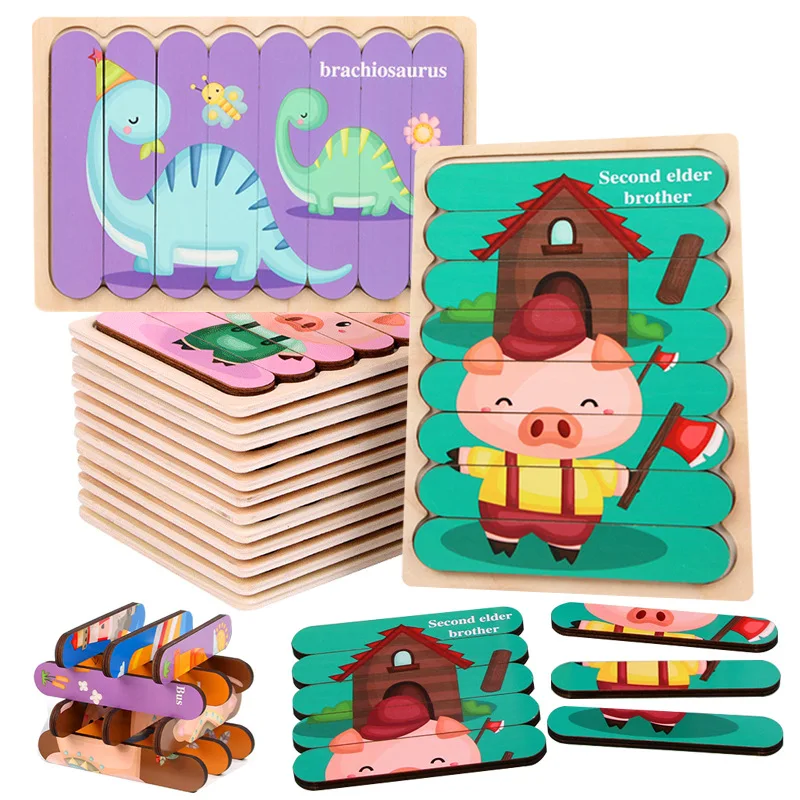 Kid Brain Montessori Wooden Toy 3D Jigsaw Bar Puzzles Children's Creative Story Stacking Matching Puzzle Early Educational Toys | Игрушки