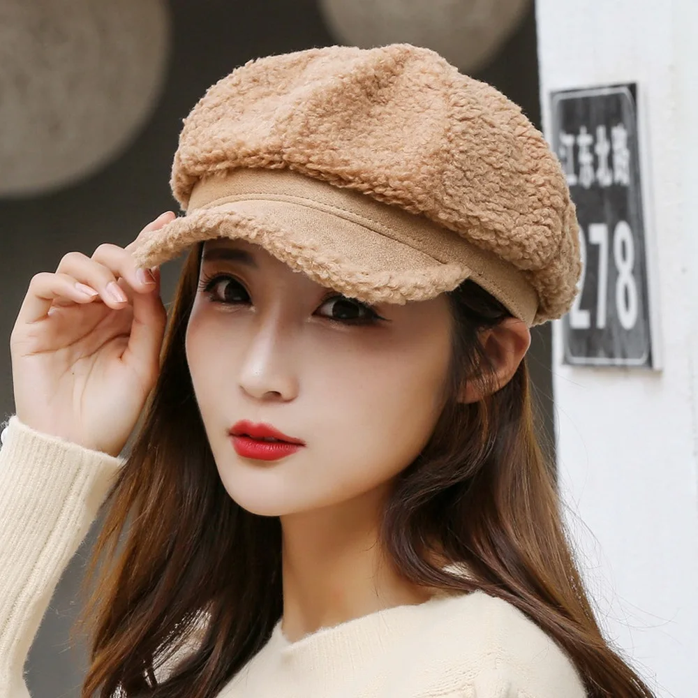 Winter Women's Cap Ladies Octagonal Hat Beret Lambswool Plush Warm Outdoor Female Visor Soft High Quality BT0057