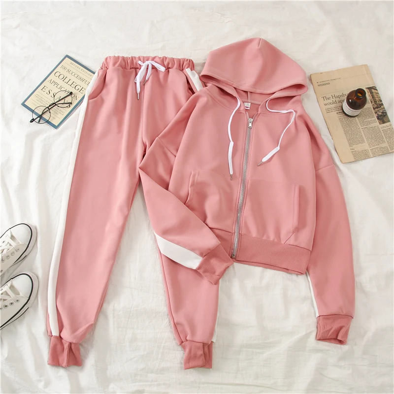 pink Neploe/комплект женских спортивных костюмов, осеннее пальто с капюшоном на молнии с карманами+ длинные штаны-шаровары с полосками сбоку, комплект из двух предметов, школьные костюмы для девочек 54972 - Цвет: pink