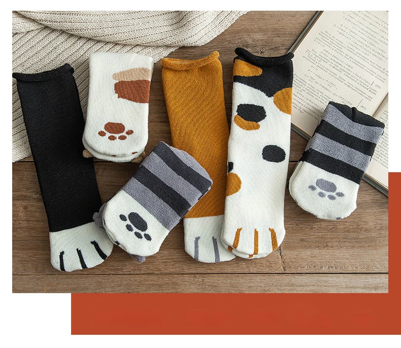Милые носки с кошачьими лапами; женские носки с рисунками из мультфильмов; толстые носки из шерсти; теплые зимние хлопковые длинные забавные носки; Calcetines