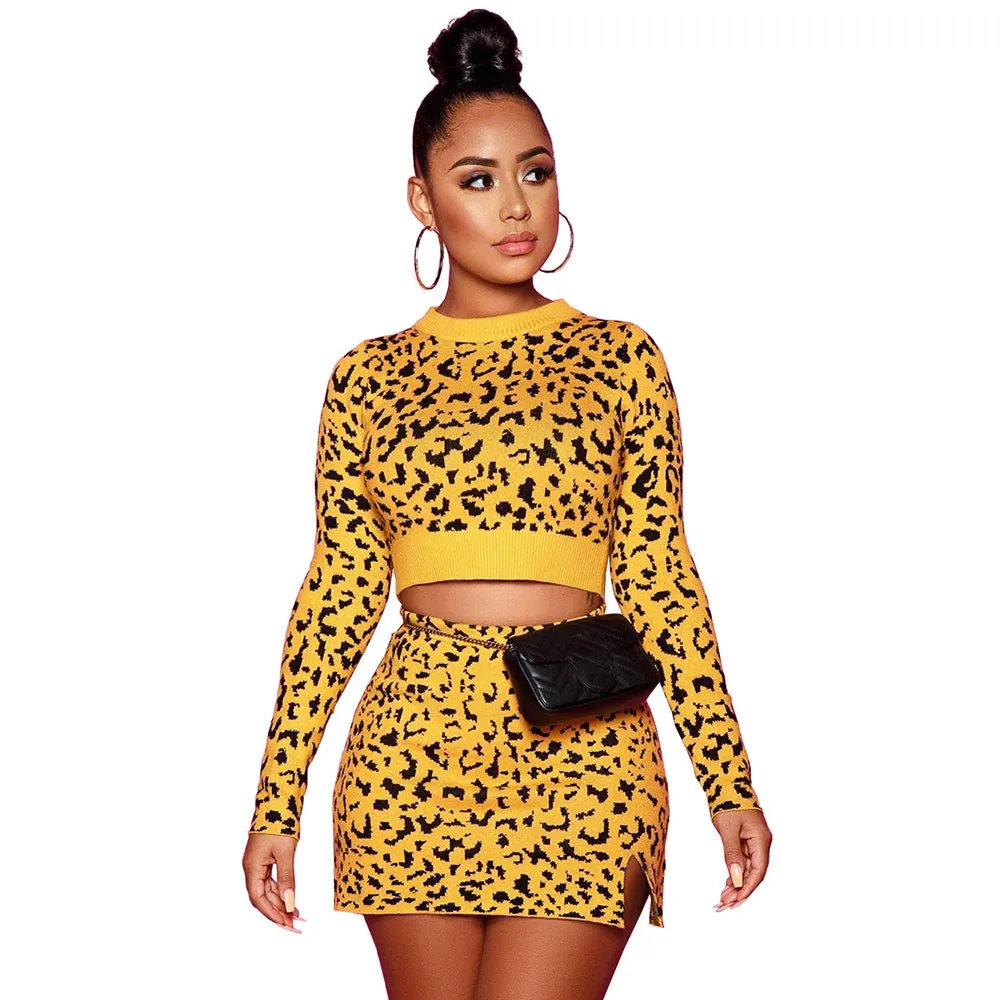 

Autumn Spring Leopard Yellow Knitted Suit Women Pullover Long Sleeve Crop Top Mini Skirt Set 2 Piece Matching Sets Club Outfits