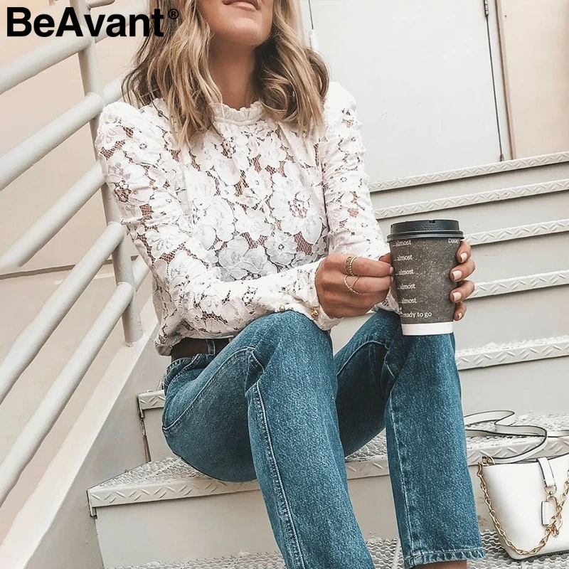 BeAvant, винтажная Женская кружевная блузка, рубашка, сексуальная, открытая, с вышивкой, белая блузка, топы, шикарные, с пышными рукавами, для офиса, женские сетчатые блузки
