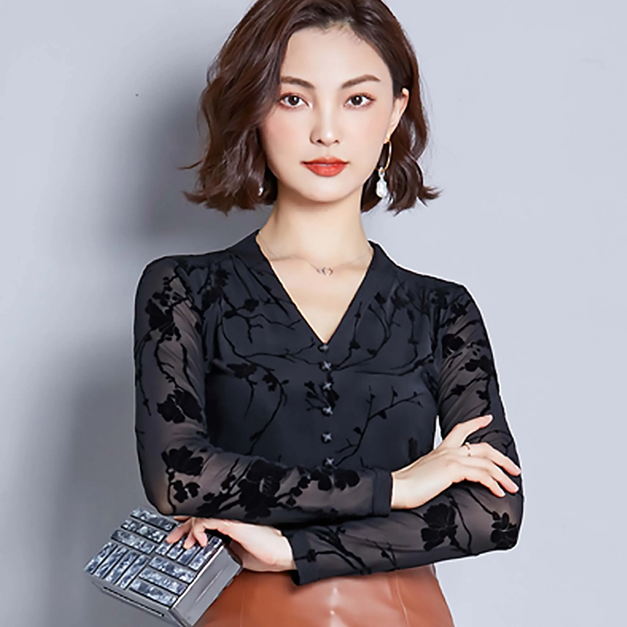 Черный blusas mujer de moda autumn print long sleeve camisa V-neck purple mesh shirt blouse women tops plus size casual blusas - Цвет: Черный
