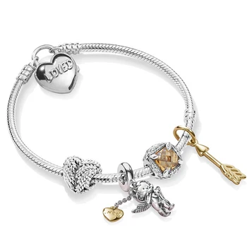 

2019 NEW 100% 925 Sterling Silver Shining Love Cupid's Arrow Grain Heart Shaped Stringe Bracelet Set Valentine's Day Gift ZT0245