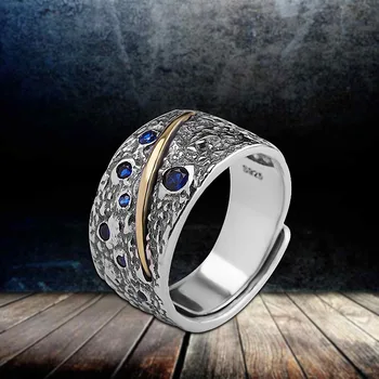 

S925 Sterling Silver Ornament Open Blue Zircon Ring for Both Men and Women
