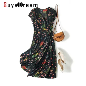 SuyaDream Woman Floral Dress 100%Silk V neck Sashes Wrap Dress Women 2020 Summer Print Midi Dresses Silk Clothes Vestidos 1