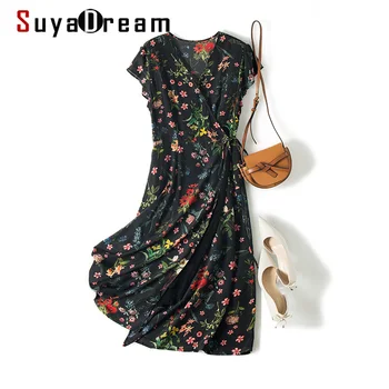 

SuyaDream Woman Floral Dress 100%Silk V neck Sashes Wrap Dress Women 2020 Summer Print Midi Dresses Silk Clothes Vestidos