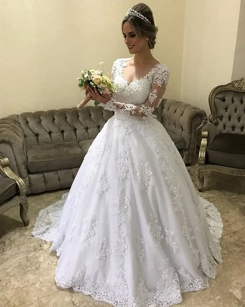 Свадебное платье с длинным рукавом воротник Sheer Jewel Белые Кружевные Аппликации Элегантные Свадебные платья Vestido Longo Vestidos Novia