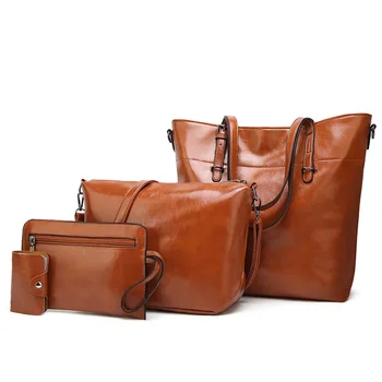 

WxfbBaby New Ladies bag solid fashion oil wax leather composite bag European American fashion women bag Handbag Shoulder Bag 4pc