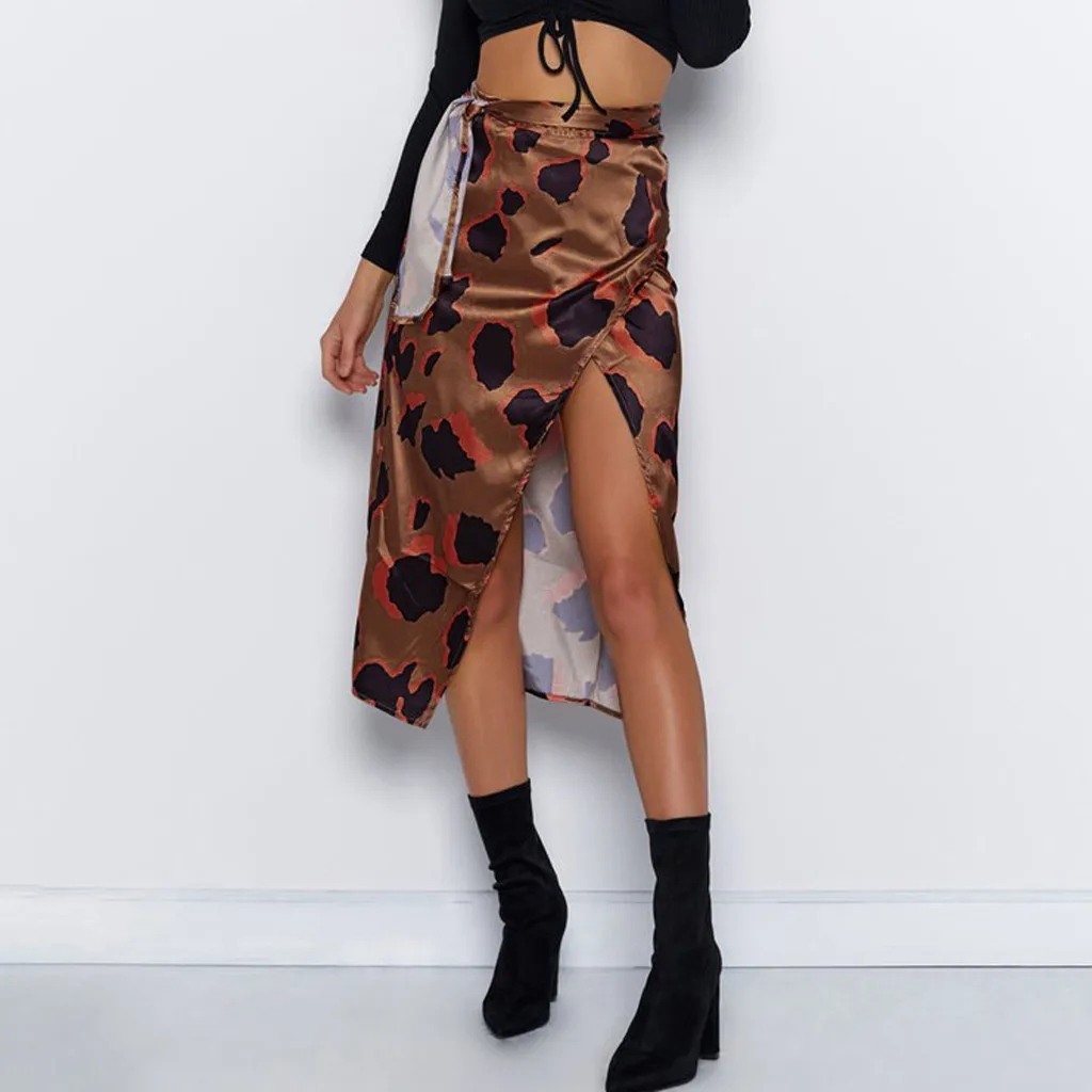 Female High Waist Bandage Leopard Printing Wrap Satin Bow Sexy Split Skirts faldas mujer moda юбки женские кожаная юбка Female High Waist Bandage Leopard Printing Wrap Satin Bow Sexy Split Skirts faldas mujer moda юбки женские кожаная юбка