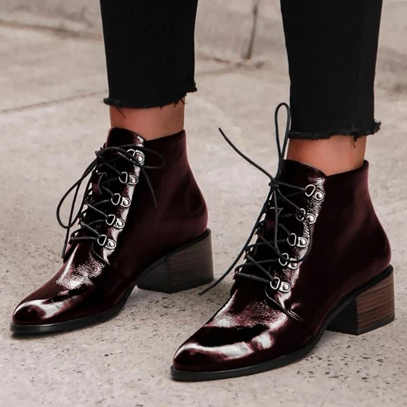 

Autumn/Spring Women Boots Bright Pantent Leather Pointed Toe Square Heel Cross Tie Rubber Sole Fashion Designed Shoes Ladies