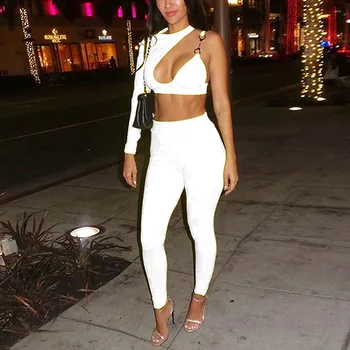 

Helisopus New Solid Casual Two Piece Set One-Shoulder Asymmetric Sleeves Crop Top Skinny Pants Tracksuit Women
