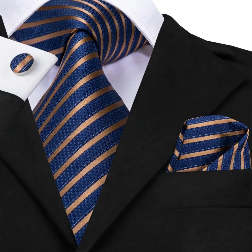 Hi-Tie деловые синие мужские галстуки Набор Шелковый Полосатый галстук Hanky запонки набор 8,5 см Широкий классический деловой Свадебный Карманный квадратный галстук