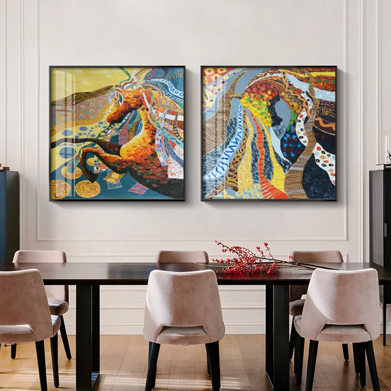 Colorful Animal Art Graffiti Two Horses' head Canvas Painting Wall Art Picture For Living Room Modern Abstract Art Prints Poster