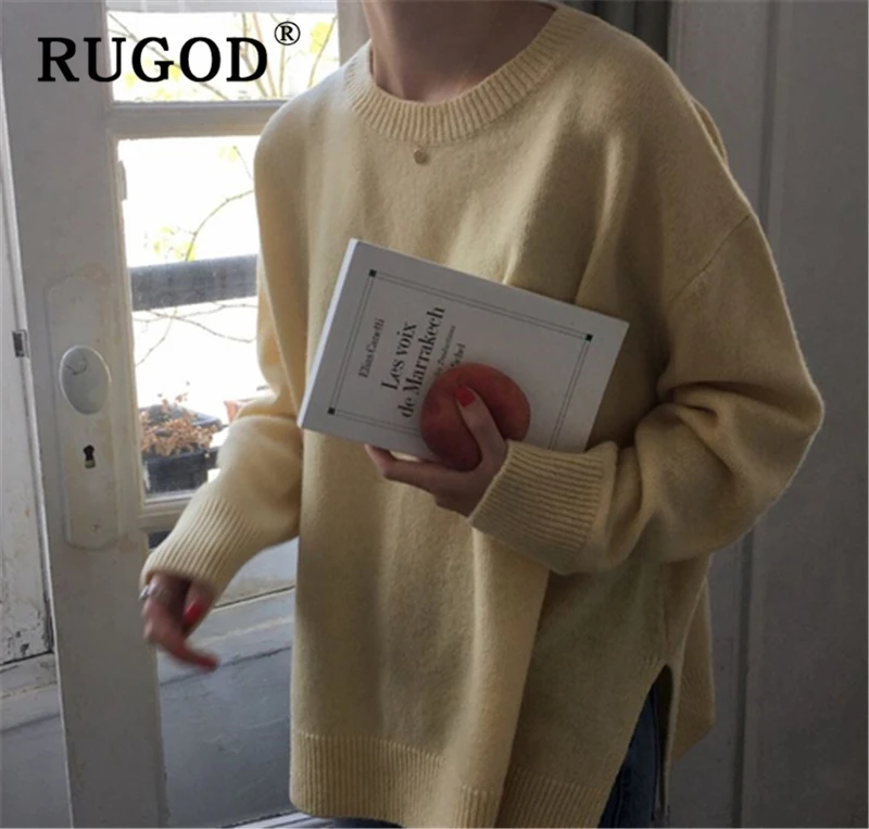 RUGOD женский элегантный свитер с круглым вырезом и длинным рукавом, вязаный женский пуловер, винтажный однотонный зимний теплый вязаный женский свитер