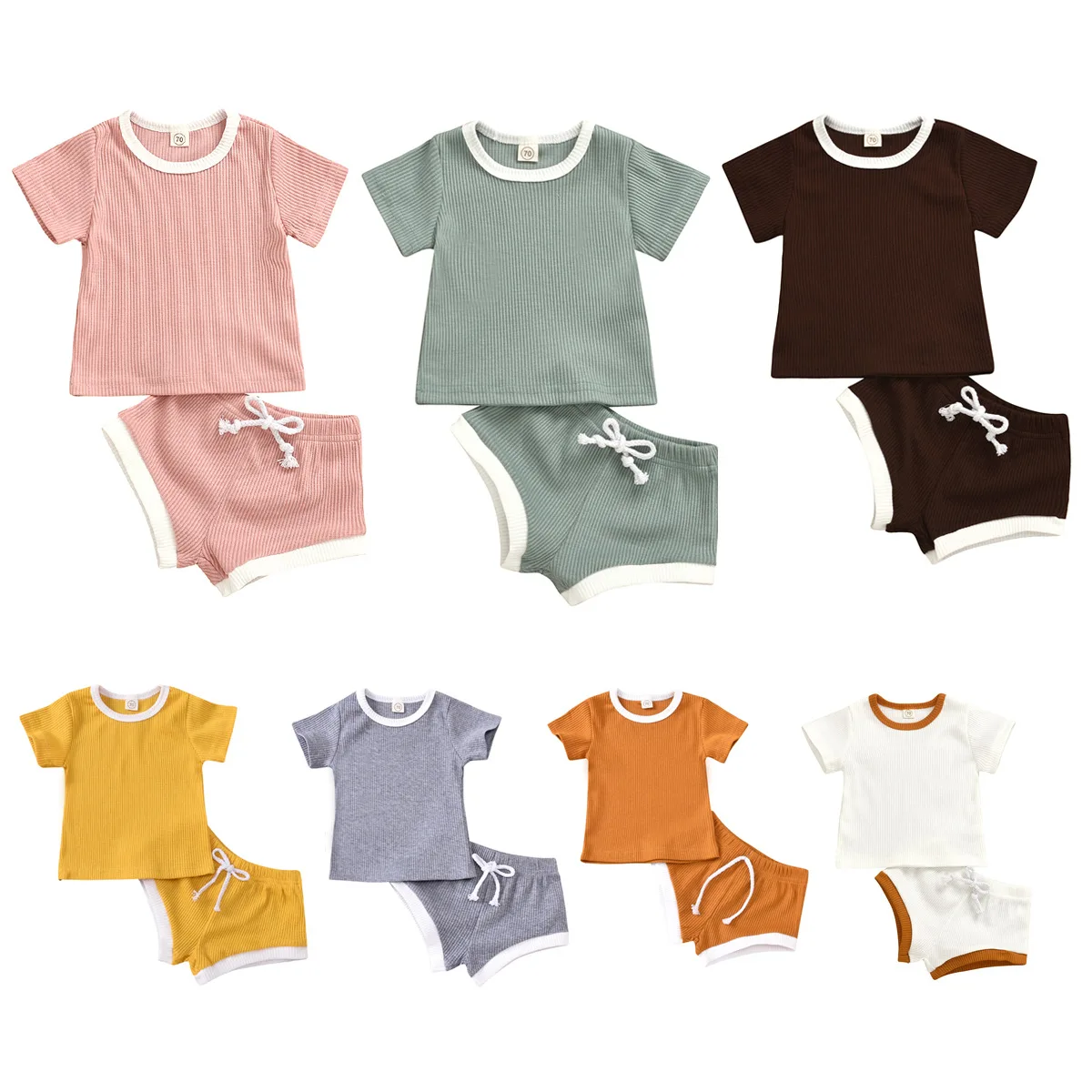 

2023 Baby Summer Clothing Infant Baby Girl Boy Clothes Short Sleeve Tops T-shirt + Shorts Pants Ribbed Solid Outfits 0-3T