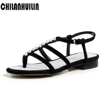 

new 2020 fashion beading women sandals open toe flip flops thick heel women shoes europen summer casual beach shoes flat sandals