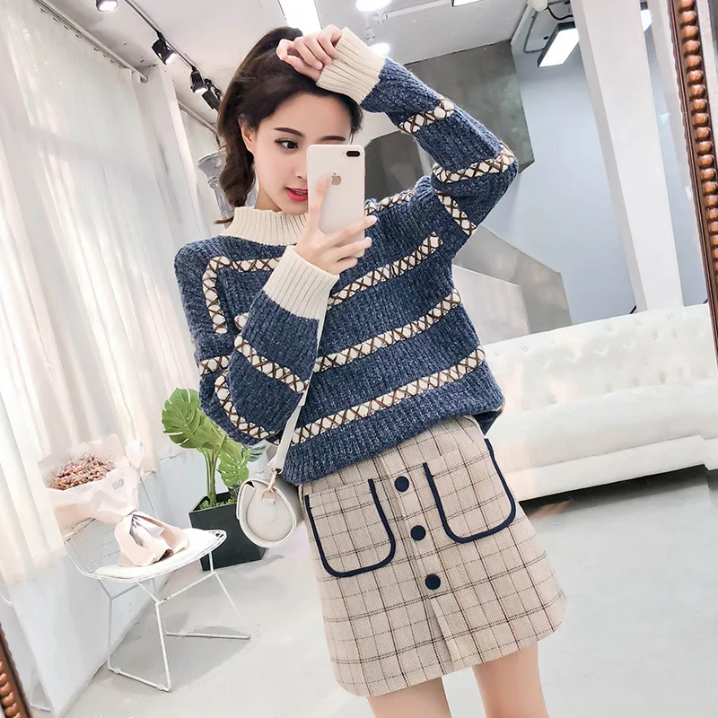 

2018 Autumn And Winter New Style Online Celebrity Laziness by Age Sweater Charade Playful Pattern Skirt Two-Piece Set Women's Fa