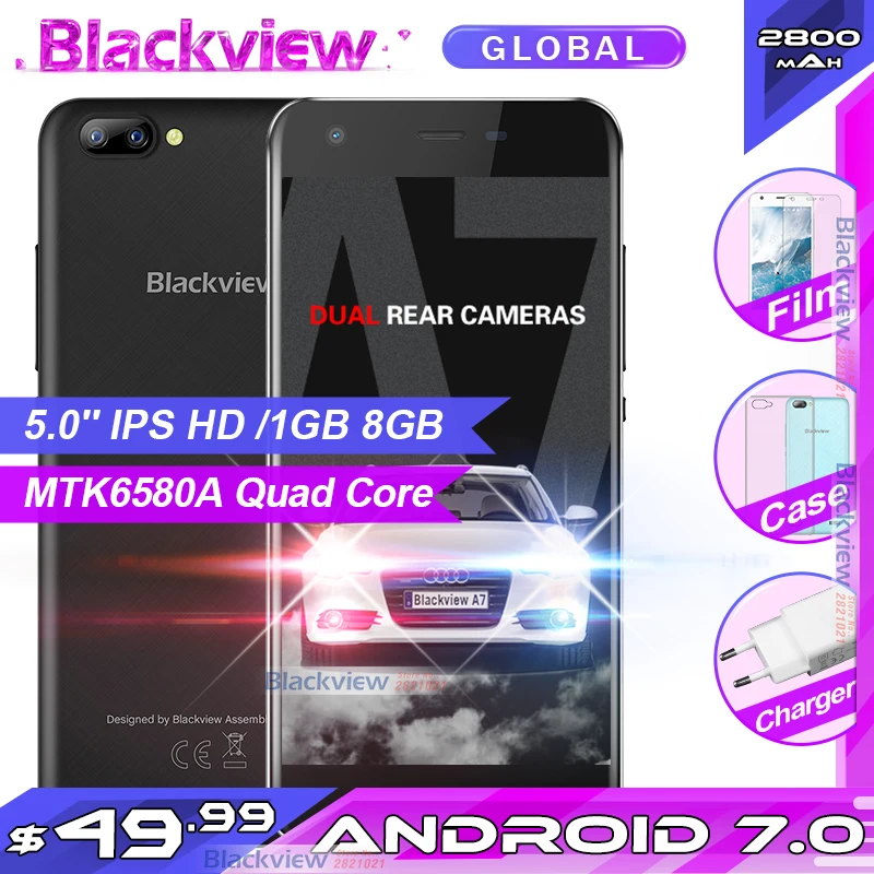Blackview A7 смартфон с четырёхъядерным процессором MTK6580A ОЗУ 1 ГБ ПЗУ 8 3 камеры 3G WCDMA 2800