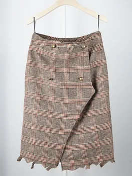 

New Plaid Women's Skirt A Line Vintage Mini Skirt With Buttons Ladies Casual Torn Hem