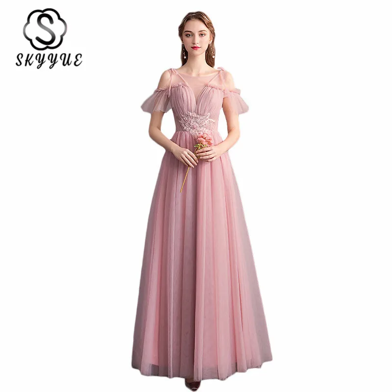 Bridesmaid Dresses Skyyue ER255 Elegant Out Off Shoulder Wedding Guest Dress Long A Line Pink Bridesmaid Dresses For Girls