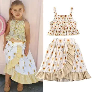 

Two Piece Set Toddler Kids Baby Girls Clothes Sleeveless Crop Tops+Floral Skirt Set Cute Girl Outfit Summer