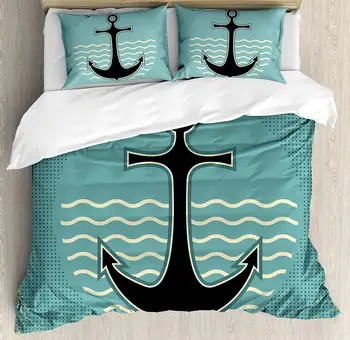 

Anchor Duvet Cover Set Queen Size Vintage Style Anchor Design with Wave Water Color Antique Nostalgic Sea Sign Decorative