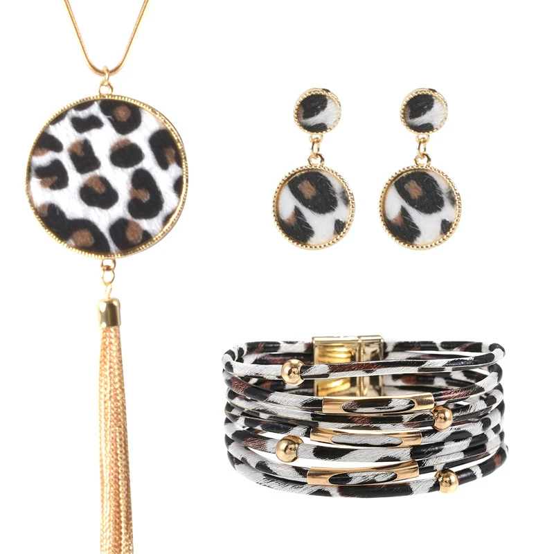 3 шт леопардовые браслеты богемные леопардовые серьги ожерелье для женщин девочек(набор овальных сережек