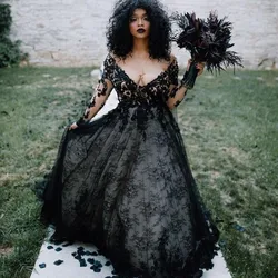 Sexy 2021 Plus Size Black Lace V Neck Wedding Dress Illusion Long Sleeve A Line Gothic Bridal Gowns Robe De Mariage