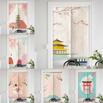 

Japanese Door Curtain Linen Fabric Hanging Curtain ink Fengshui Decoration Kitchen Bedroom Short Customizable Curtains