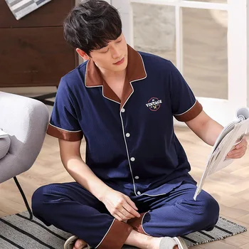 

Pajamas Men's Summer Short-sleeved Trousers Pure Cotton Korean-style Cardigan Middle-aged Ranking Tracksuit Men Thin Large Size