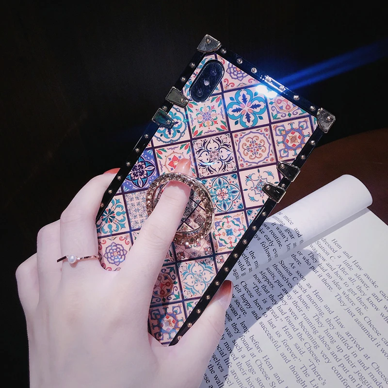 Luxury Square Blu-ray Bohemian Ethnic Style Frame Case for iPhone 7 8 Plus 6 s 11 pro xr xs Max X Soft Silicon for Samsung Cover (16)