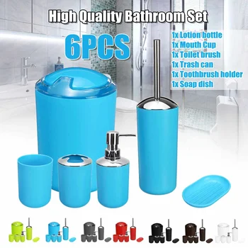 

6pcs/set Bathroom Accessory Set Lotion Dispenser Toothbrush Holder Tumbler Cup Soap Dish Toilet Brush Trash Can
