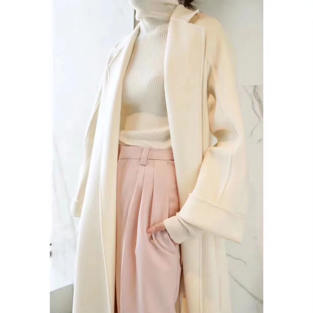 Новое поступление, зимняя одежда для женщин, английский стиль, белое длинное пальто, Кашемировое прямое элегантное пальто с поясом