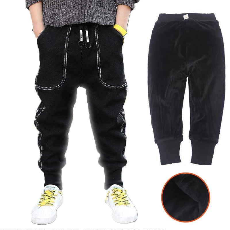 

4-14T Jeans Pants For Boy Velvet Pants Autumn Winter Solid Color Kids Trousers Teenage Clothing Elastic Waist Boy Cargo Pants
