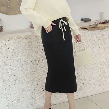 

Women Skirt Elastic High Waist Skirt Solid Color Wild Word Long Paragraph Skirt