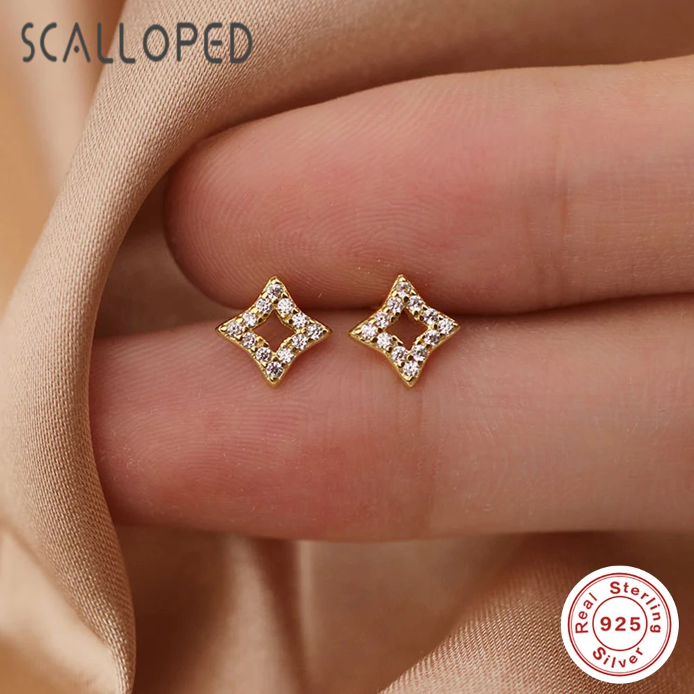 

SCALLOPED Real S925 Sterling Silver Square Stud Earrings 2020 New High Quality Zircon 18K Gold Plating Women Korean Jewelry