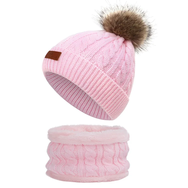 Light-pink-1 Милый детский вязаный костюм с шапкой и шарфом Повседневная Верхняя одежда в горошек для мальчиков и девочек, шапка с помпонами, кожаная стандартная шапка, зимний теплый комплект из 2 предметов - Цвет: Light-pink-1