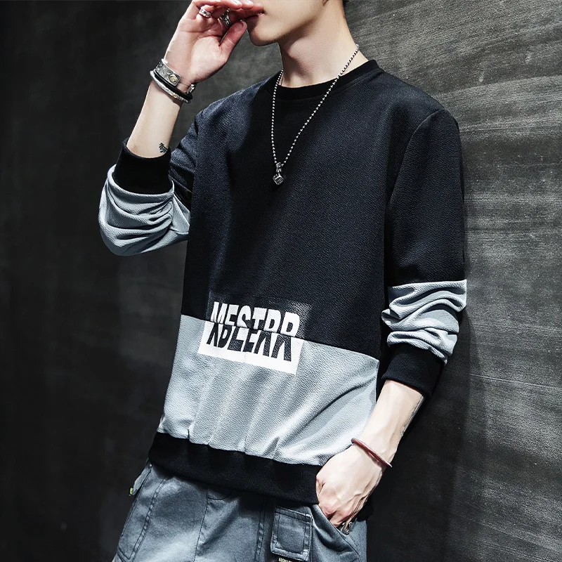 Лоскутная черная толстовка с круглым вырезом и принтом для мужчин в стиле хип-хоп, корейский стиль, спортивный костюм, пуловеры, Мужская Осенняя уличная одежда, повседневные толстовки - Цвет: Black