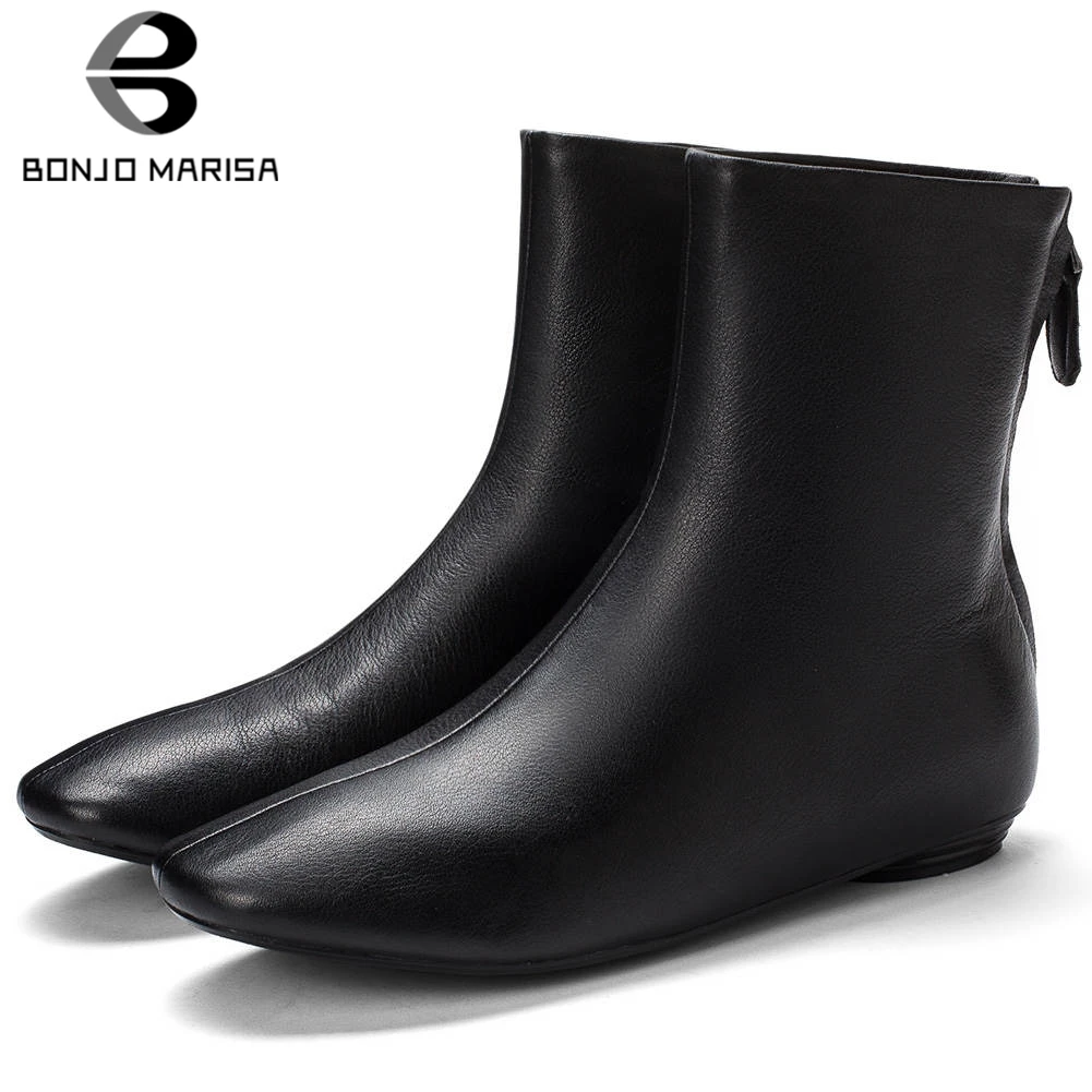 

BONJOMARISA New Casual Flat Booties Ladies Brand Genuine Leather Ankle Chelsea Boots Women 2019 Low Heel Shoes Woman