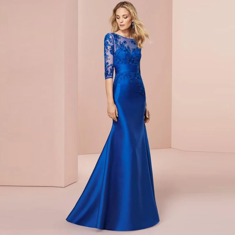 

2020 High Quality Mermaid Blue Three Quarter Sleeve Mother of the Bride Dresses Lace Boat Neck Wedding Guest Gowns Back Out