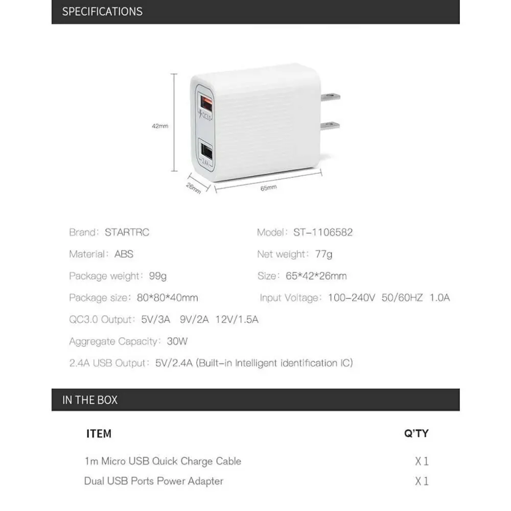 Buy STARTRC 3.0 Quick Charge Adapter Dual USB Ports Plug Charger With 1M QC Cable For DJI Mavic Mini Drone Accessories
