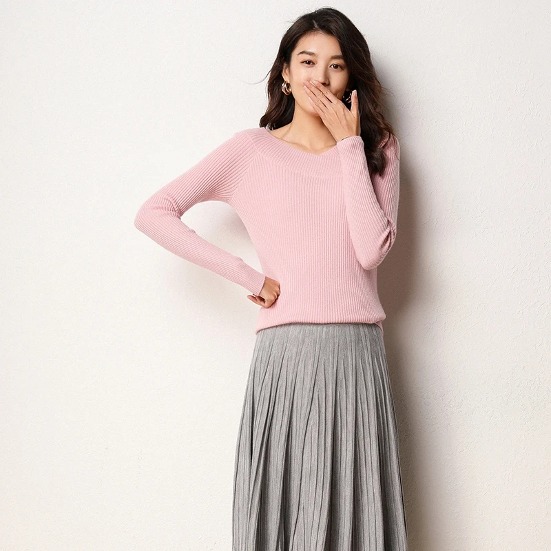 Helovi свитера женские invierno свитер с v-образным вырезом кашемировый свитер джемпер модный тонкий Femme пуловеры 100 кашемир - Цвет: pink