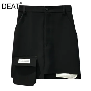 

DEAT 2020 New Spring Summer Fashion Straight Button Biack Pockets Panel Irregular High Waist Slim Skirt Women SB621